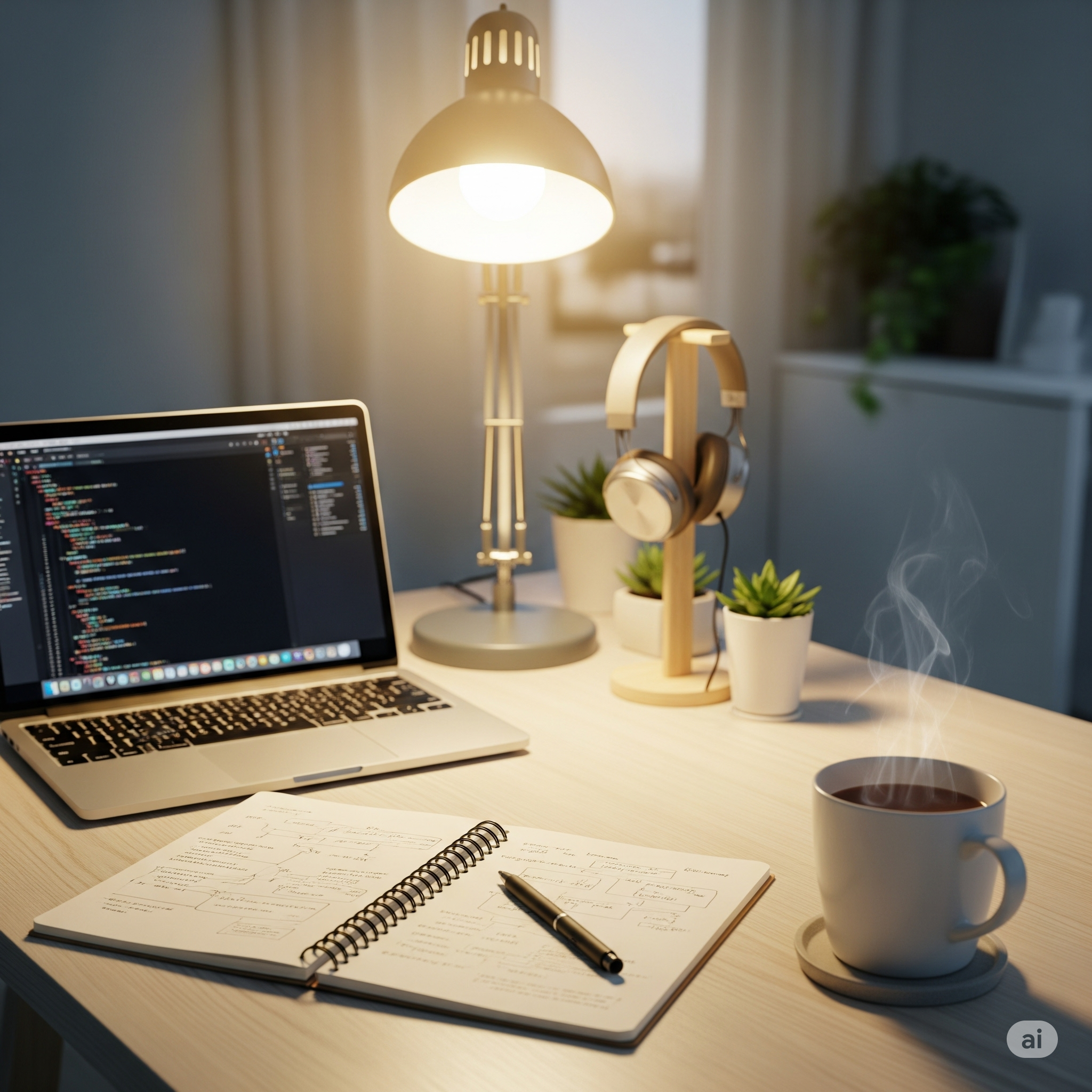 My simple coding desk setup with a laptop and notebook